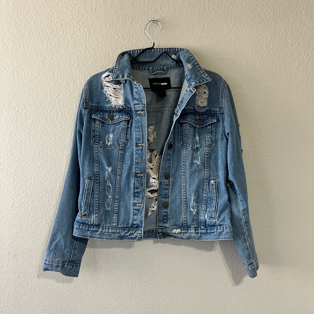 Fashion Nova Ripped Denim Jean Jacketl | Size M
